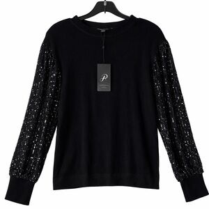 Adrianna Papell Black Sequin Sleeve Sweater Size L NWT Elegant Party Top